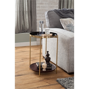 Stevie Round Enameled Black Metal and Wood Tray Top End Table with Storage