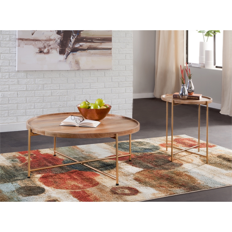 Hemingway Natural Solid Wood and Gold Metal Round Tray Top Coffee Table