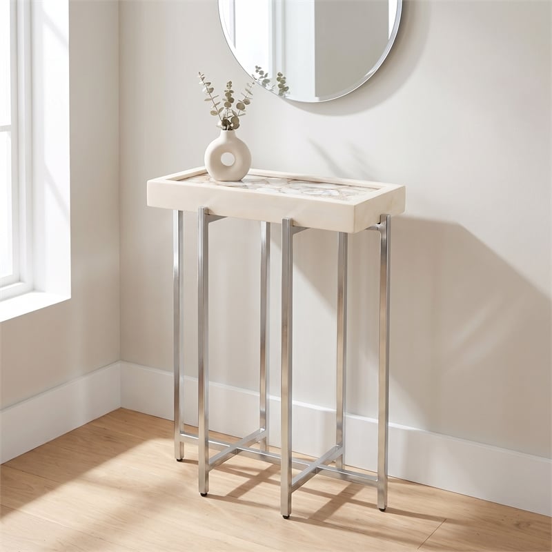 View Point Stone Top Table with Wood Frame - White Agate and White Wood