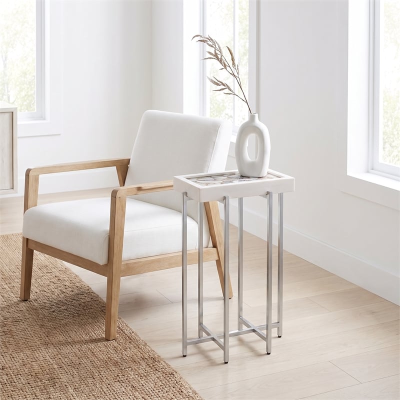 View Point Stone Top Table with Wood Frame - White Agate and White Wood