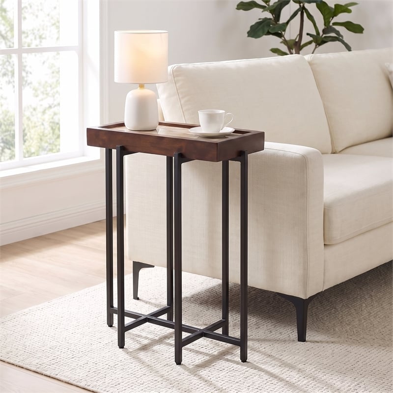 View Point Stone Top Table with Wood Frame - Dark Smoke and Brown Wood