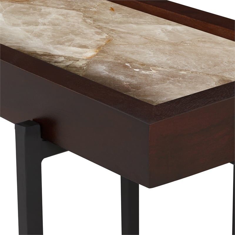 View Point Stone Top Table with Wood Frame - Dark Smoke and Brown Wood