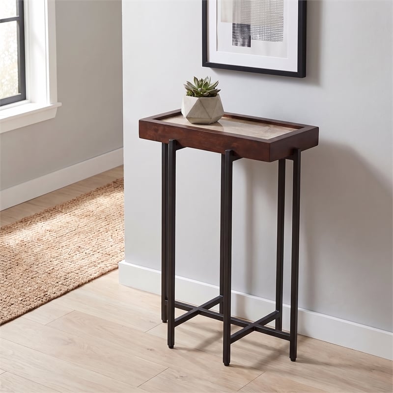View Point Stone Top Table with Wood Frame - Dark Smoke and Brown Wood