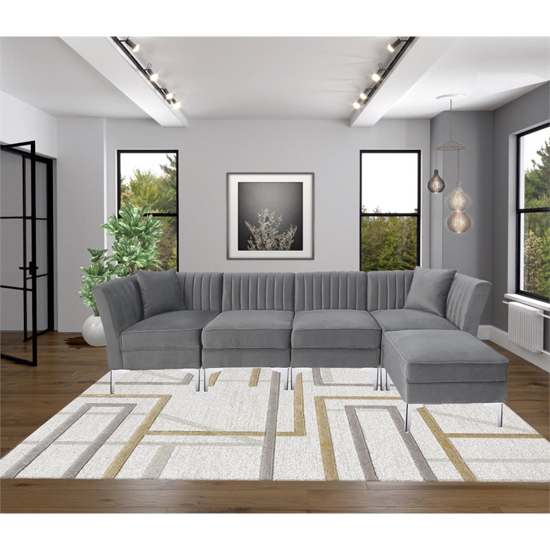 Taylor Reversible Upholstery Velvet Gray Fabric Modular Sectional Sofa