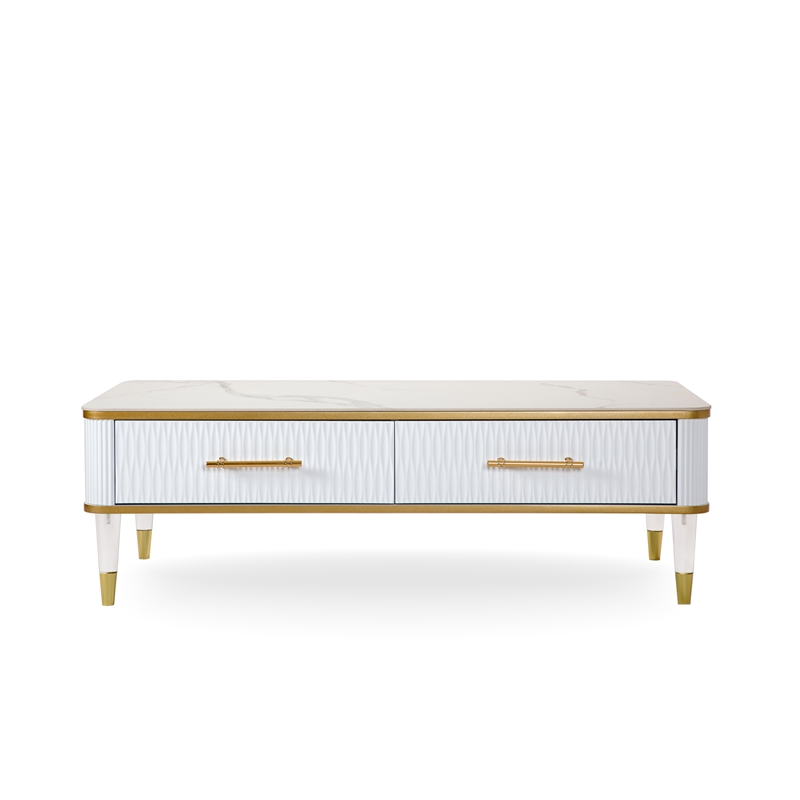 Modern White/Gold tone Sintered Matte Stone Top Coffee Table W/ Drawer