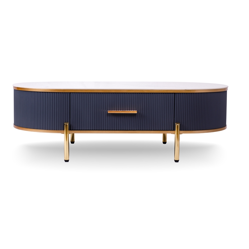 Modern Coffee Table White/Gray Sintered Stone Top & Gold With Drawer