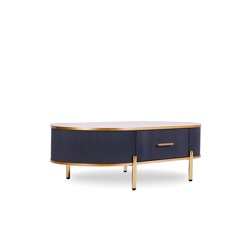 Modern Coffee Table White/Gray Sintered Stone Top & Gold With Drawer