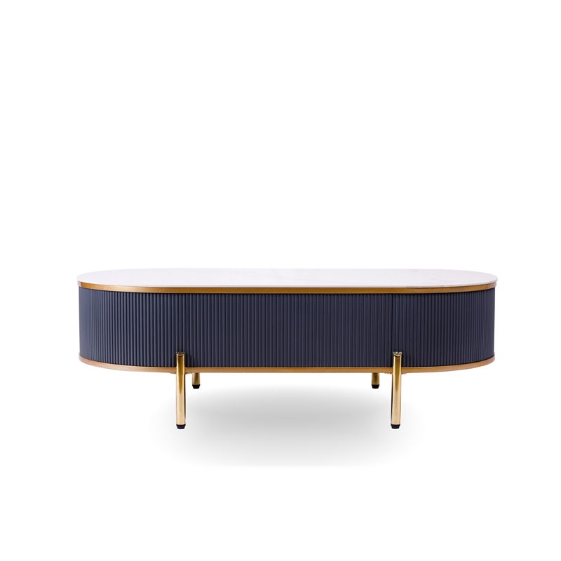 Modern Coffee Table White/Gray Sintered Stone Top & Gold With Drawer
