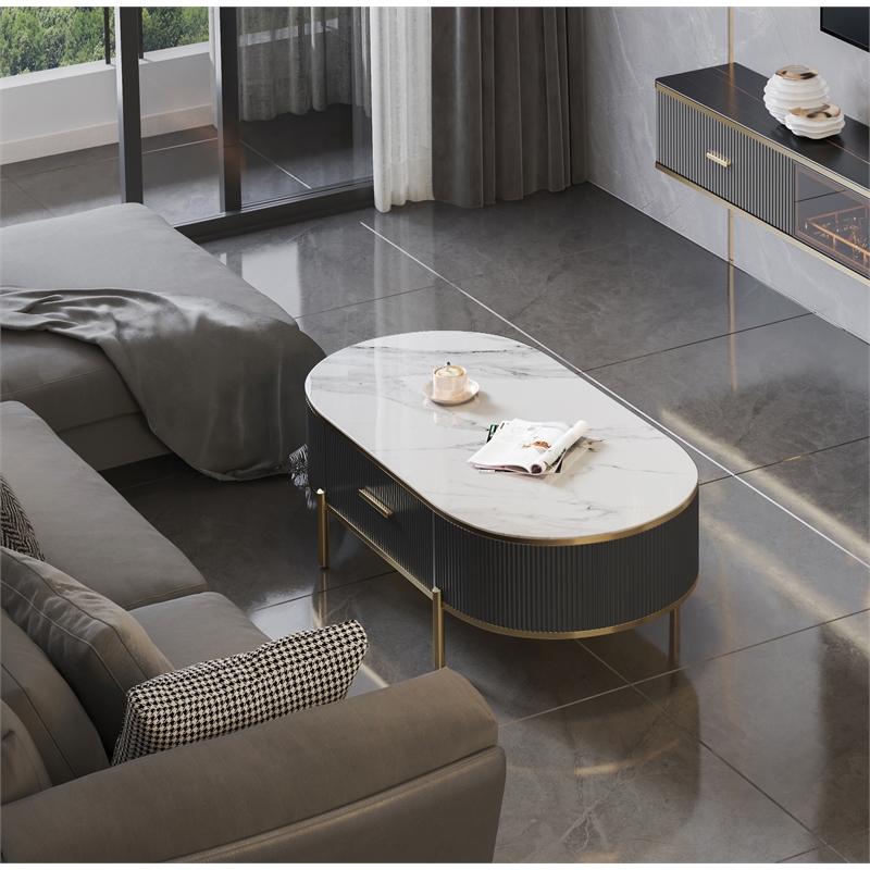 Modern Coffee Table White/Gray Sintered Stone Top & Gold With Drawer