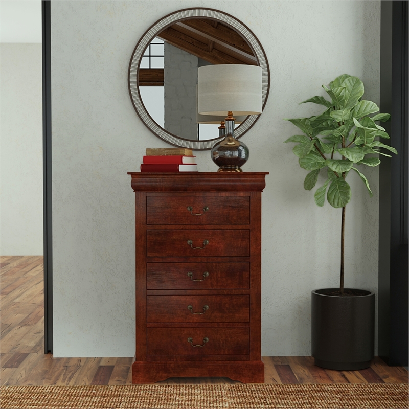 Alpine Furniture West Haven 5 Drawer Tall Boy Wood Chest in Cappuccino
