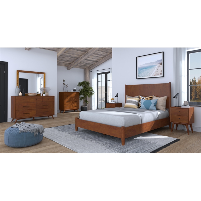 Alpine Furniture Flynn Mid Century Standard King Wood Panel Bed in Acorn (Brown)