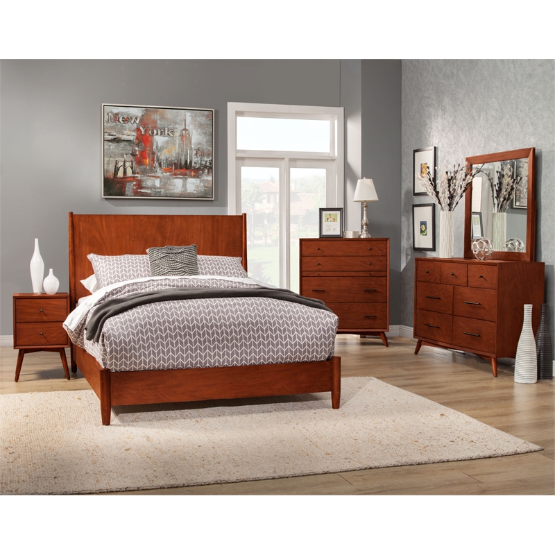 Alpine Furniture Flynn Mid Century Standard King Wood Panel Bed in Acorn (Brown)