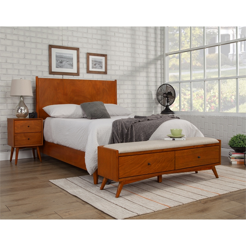 Alpine Furniture Flynn Mid Century Modern Full Size Panel Bed in Acorn Brown