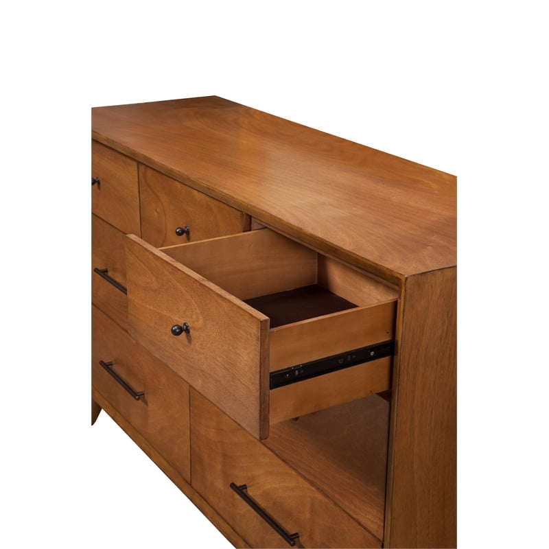 Alpine Furniture Flynn Mid Century Modern Wood 7 Drawer Dresser in Acorn (Brown)