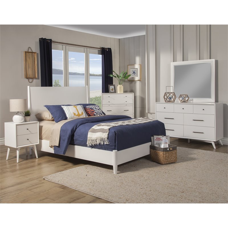 Alpine Furniture Flynn Mid Century Modern Full Size Wood Panel Bed in White