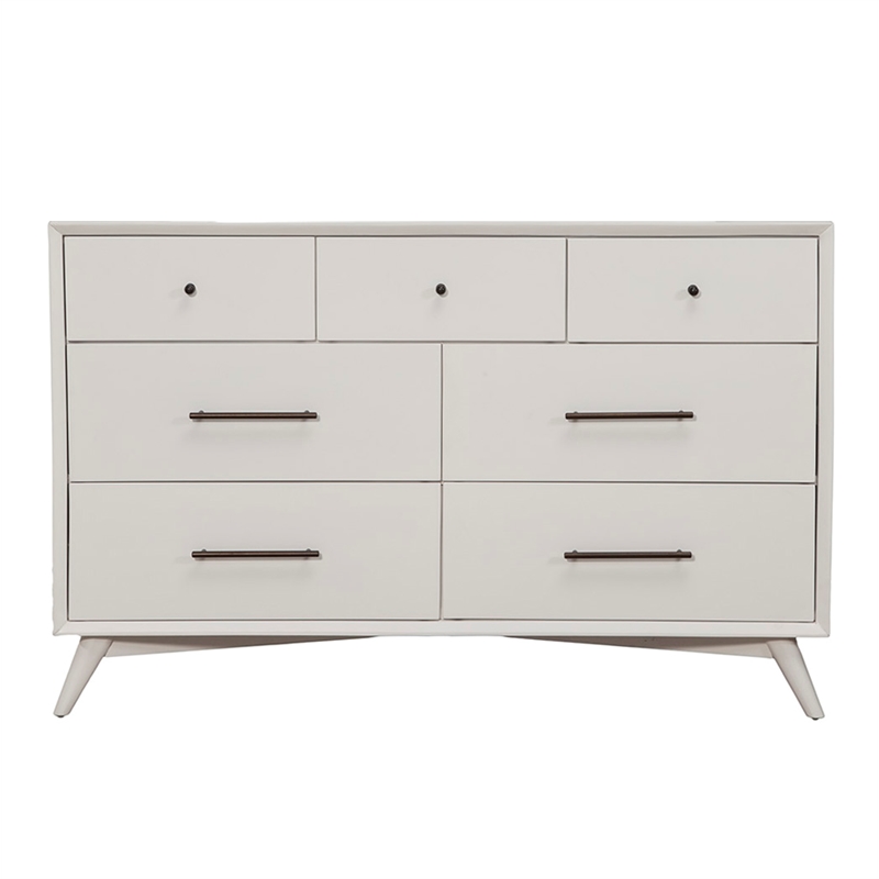 Alpine Furniture Flynn Mid Century Modern Wood 7 Drawer Dresser in White