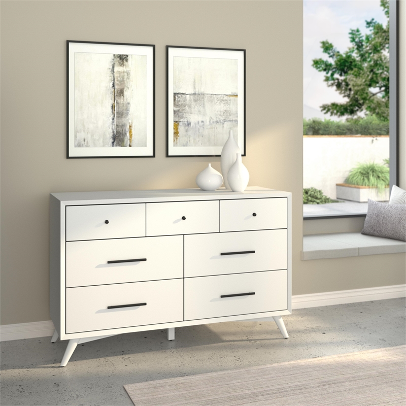 Alpine Furniture Flynn Mid Century Modern Wood 7 Drawer Dresser in White