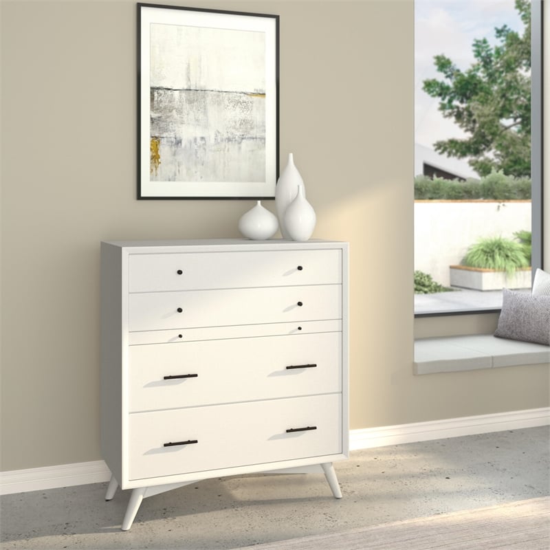 Alpine Furniture Flynn Mid Century Modern 4 Drawer Multifunction Chest in White