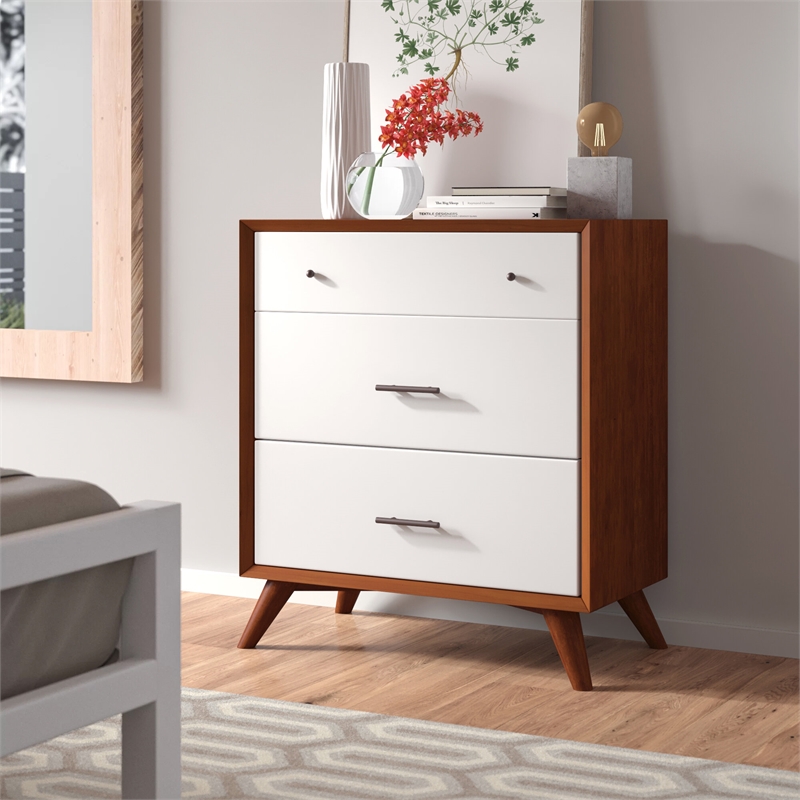 Alpine Furniture Flynn 3 Drawer Two Tone Wood Small Chest in Acorn (Brown)-White