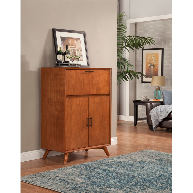 Alpine Furniture Flynn Large Wood Bar Cabinet with Drop Down Tray in Acorn Brown