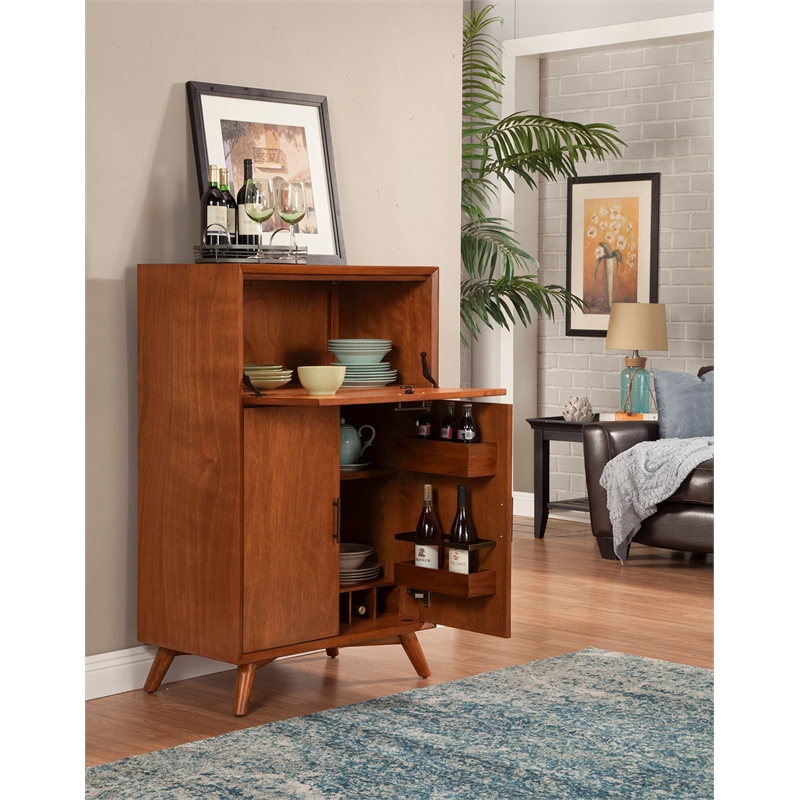 Alpine Furniture Flynn Large Wood Bar Cabinet with Drop Down Tray in Acorn Brown