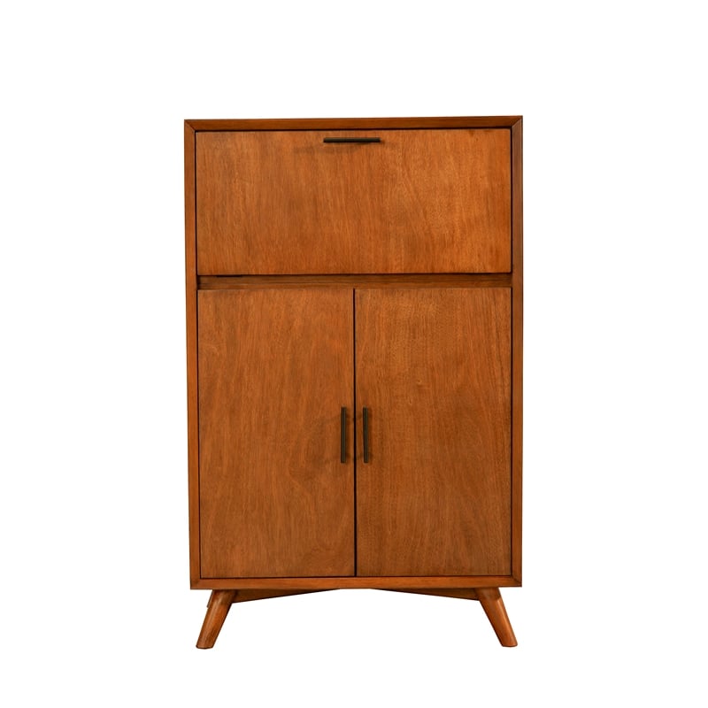 Alpine Furniture Flynn Large Wood Bar Cabinet with Drop Down Tray in Acorn Brown