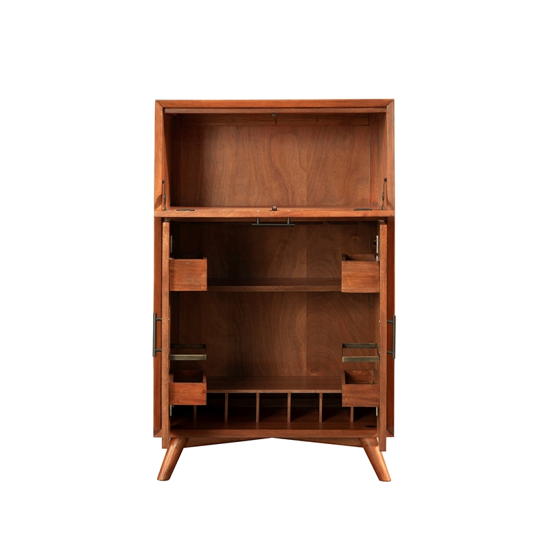 Alpine Furniture Flynn Large Wood Bar Cabinet with Drop Down Tray in Acorn Brown