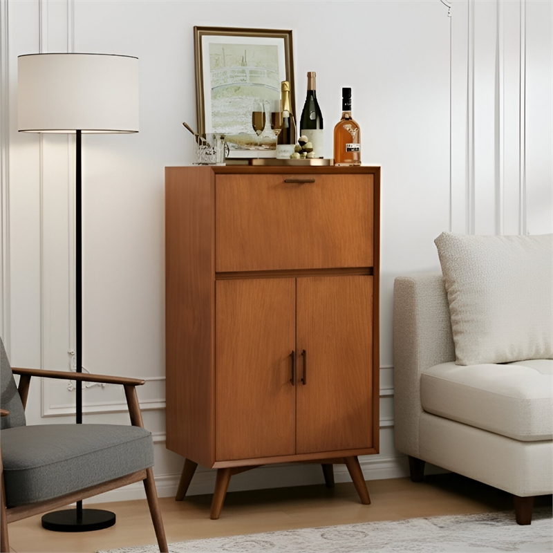 Alpine Furniture Flynn Large Wood Bar Cabinet with Drop Down Tray in Acorn Brown