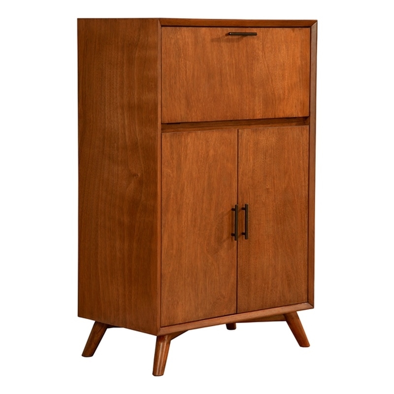 Alpine Furniture Flynn Large Wood Bar Cabinet with Drop Down Tray in Acorn Brown