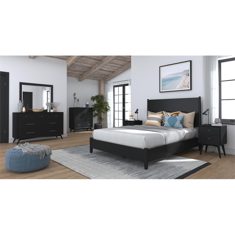 Alpine Furniture Flynn Mid Century Modern Wood Standard King Panel Bed in Black