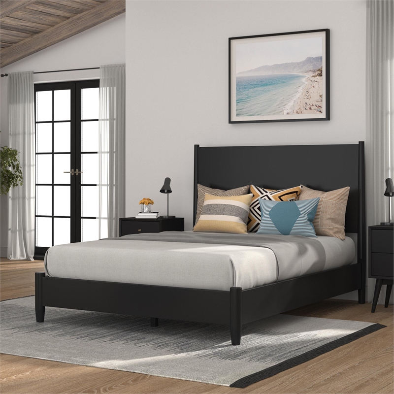 Alpine Furniture Flynn Mid Century Modern Wood Full Size Panel Bed in Black