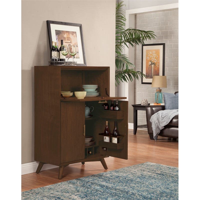 Alpine Furniture Flynn Large Bar Cabinet with Drop Down Tray in Walnut