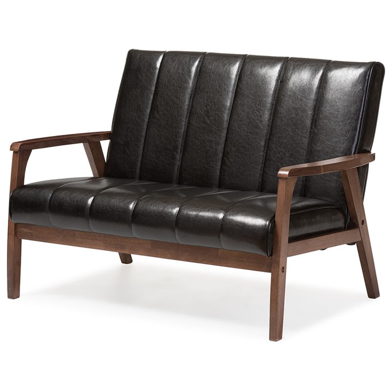 Allora 3 Piece Faux Leather Sofa Set in Black and Walnut