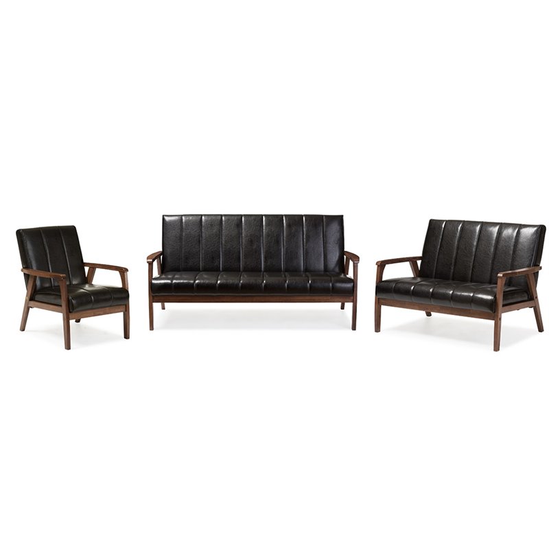 Allora 3 Piece Faux Leather Sofa Set in Black and Walnut