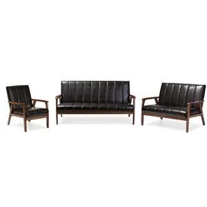 Allora 3 Piece Faux Leather Sofa Set in Black and Walnut