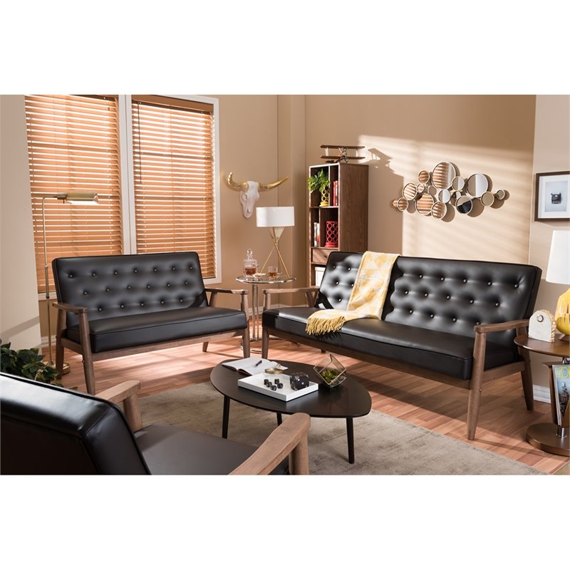 Allora 3 Piece Faux Leather Tufted Sofa Set in Brown