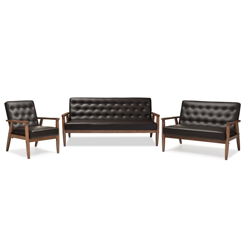 Allora 3 Piece Faux Leather Tufted Sofa Set in Brown