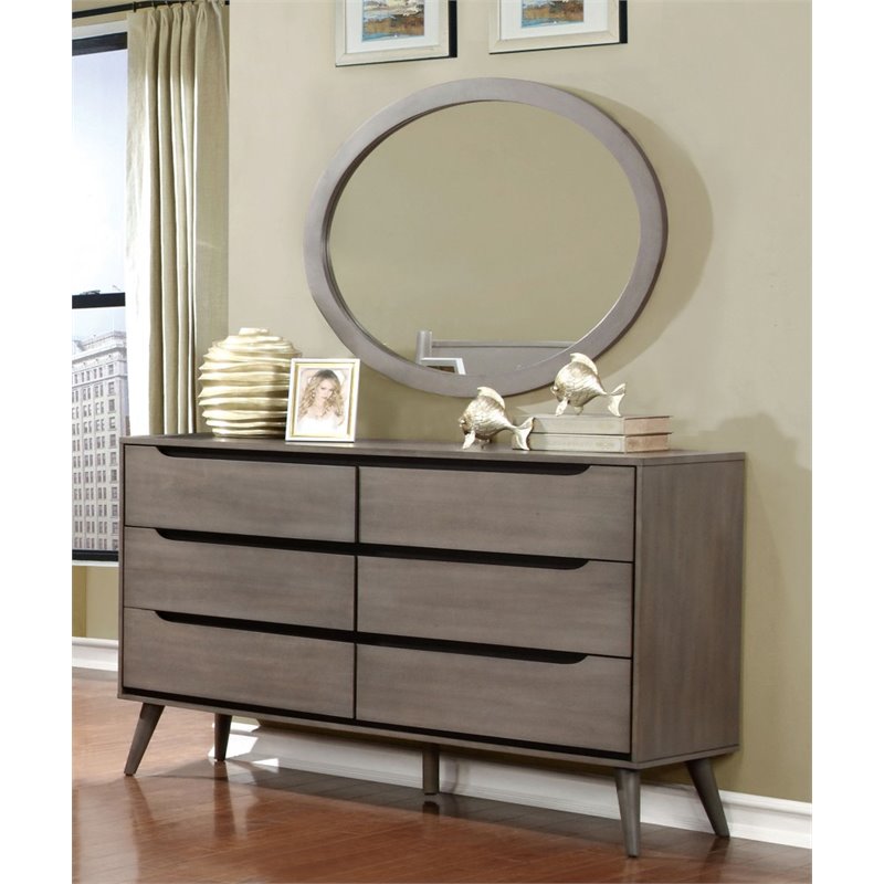 Allora Wood 6-Drawer Dresser and Oval Mirror in Gray