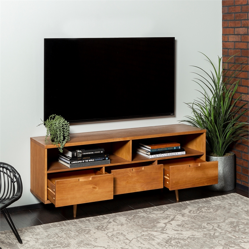 Allora Solid Pine Wood Caramel TV Stand Rectangular Cord Management 24