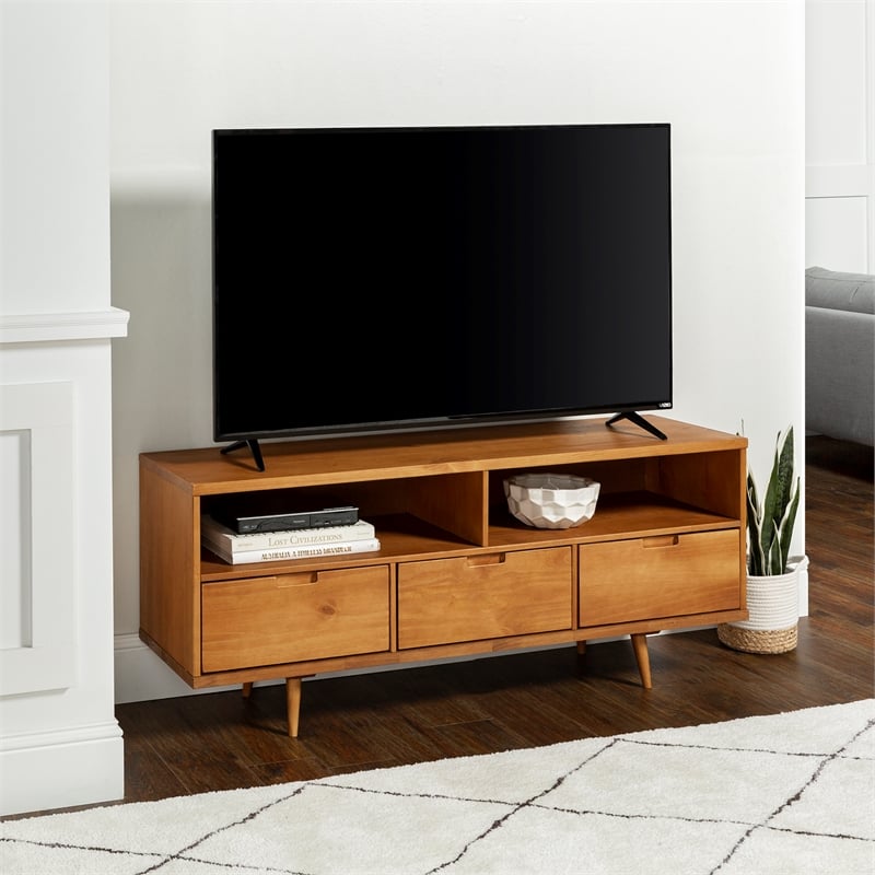 Allora Solid Pine Wood Caramel TV Stand Rectangular Cord Management 24