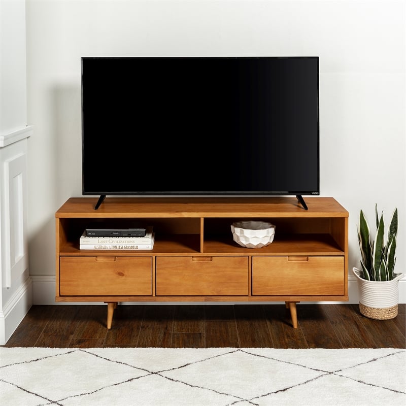 Allora Solid Pine Wood Caramel TV Stand Rectangular Cord Management 24