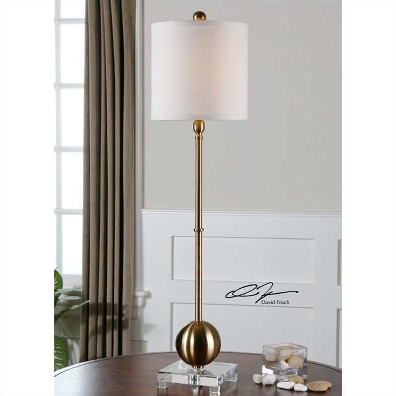 Allora 1-Light Metal and Crystal Buffet Lamp with White Shade in Brushed Brass