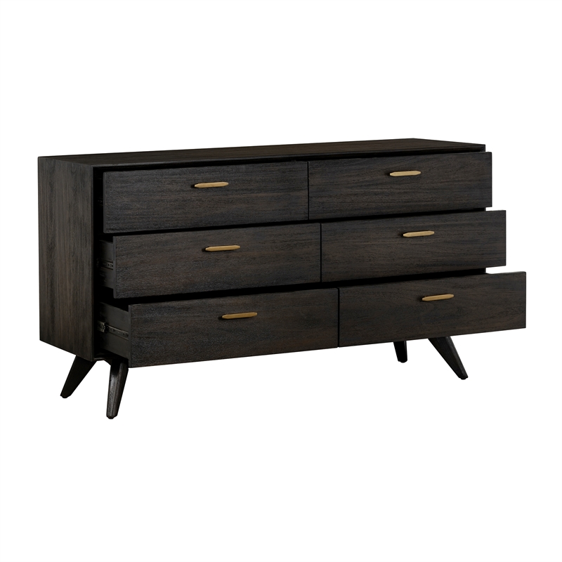 Allora 6-Drawer Modern Wood Dresser with Antique Brass Accents in Brown