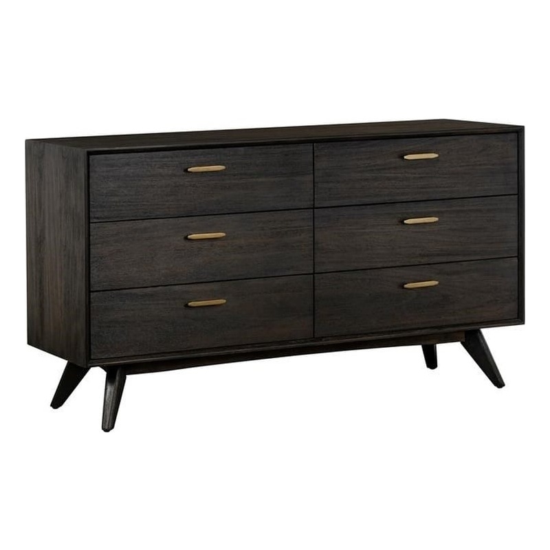 Allora 6-Drawer Modern Wood Dresser with Antique Brass Accents in Brown