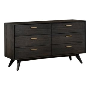 Allora 6-Drawer Modern Wood Dresser with Antique Brass Accents in Brown