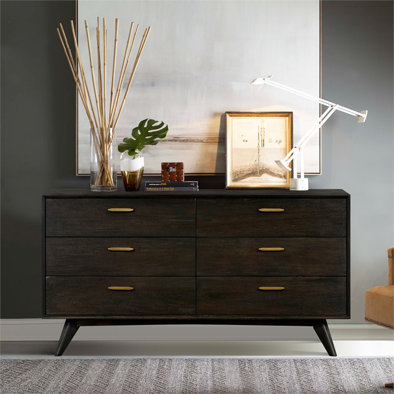 Allora 6-Drawer Modern Wood Dresser with Antique Brass Accents in Brown