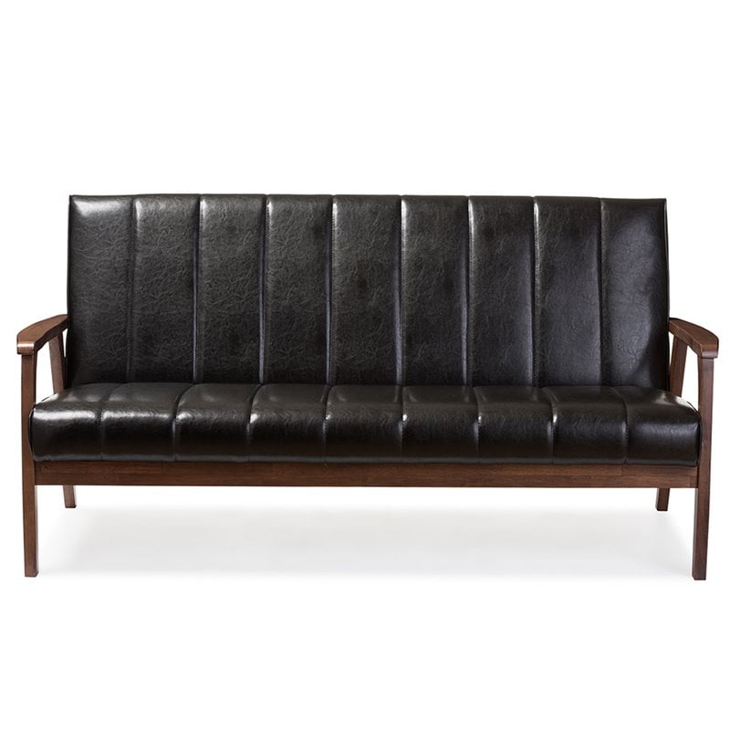 Allora Faux Leather Sofa in Black and Walnut