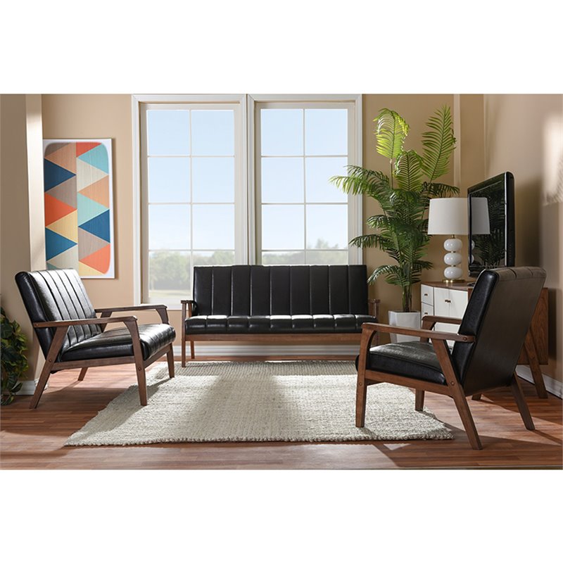Allora 3 Piece Faux Leather Sofa Set in Brown and Walnut