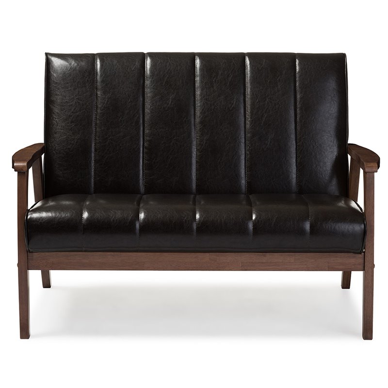Allora 3 Piece Faux Leather Sofa Set in Brown and Walnut