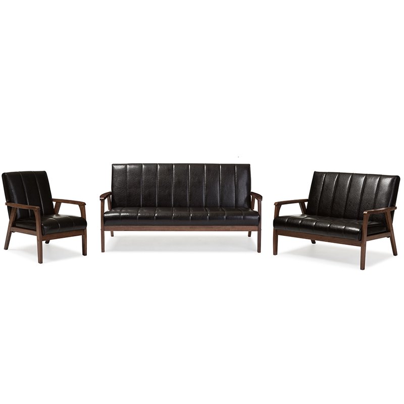 Allora 3 Piece Faux Leather Sofa Set in Brown and Walnut
